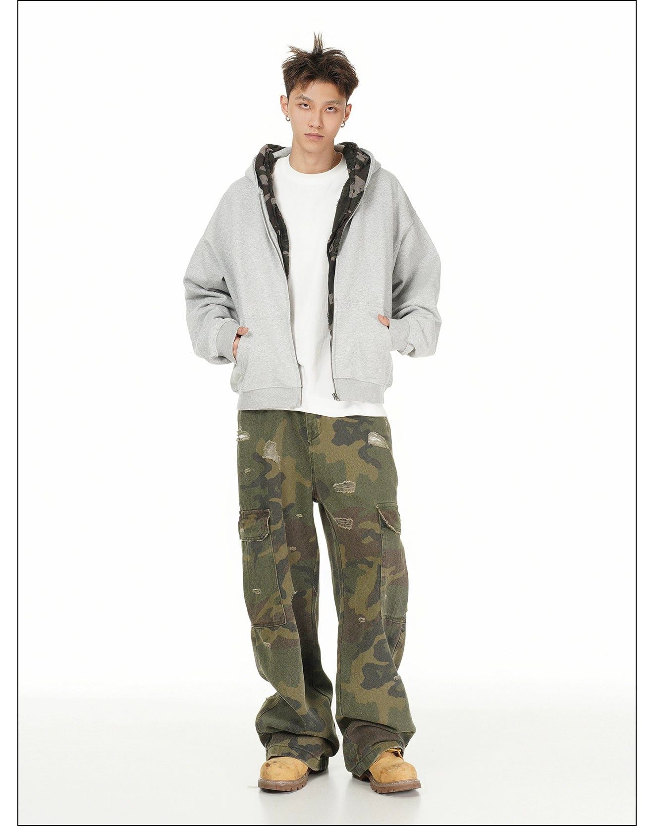 Camouflage Tie-Strap Zip-Up Hoodie Korean Street Fashion Hoodie By Mr Nearly Shop Online at OH Vault