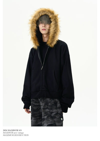 Casual Fit Fur Collar Zip-Up Hoodie Korean Street Fashion Hoodie By MaxDstr Shop Online at OH Vault