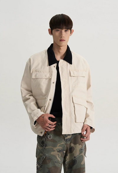 Contrast Collar Multi-Pocket Jacket Korean Street Fashion Jacket By A PUEE Shop Online at OH Vault