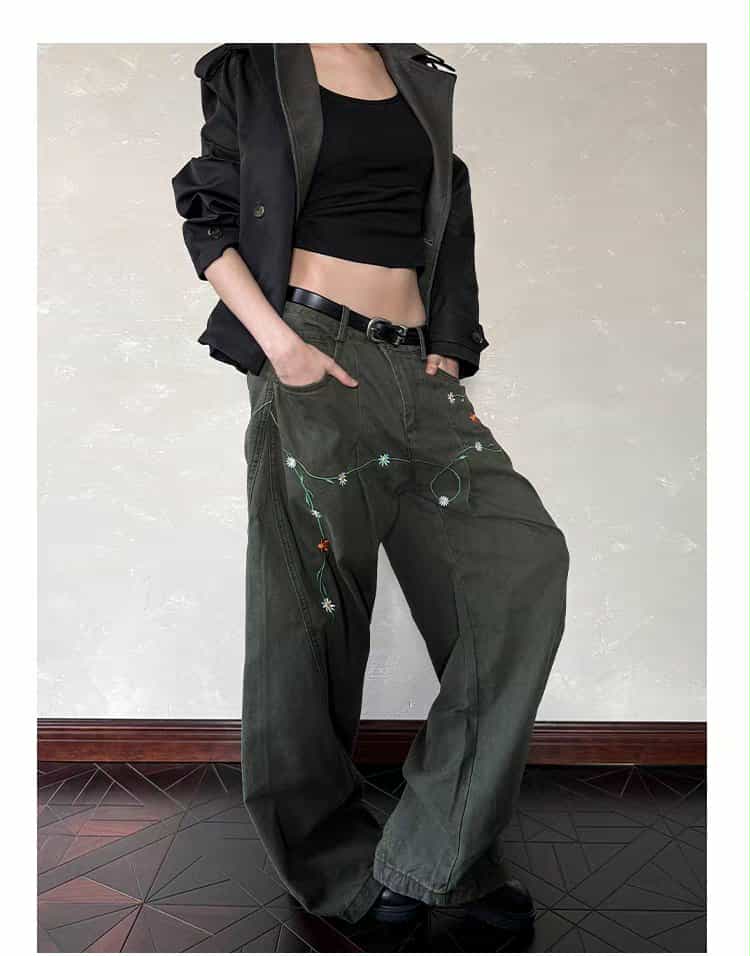 Structured Floral Embroidery Barrel Pants Korean Street Fashion Pants By A PUEE Shop Online at OH Vault