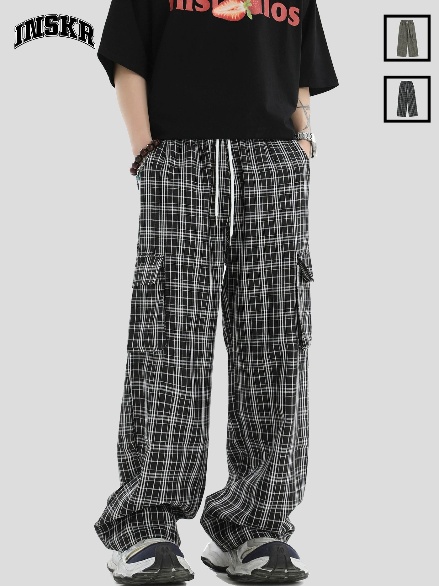 Gartered Plaid Cargo Pants Korean Street Fashion Pants By INS Korea Shop Online at OH Vault