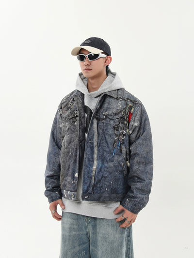 Chain Graphic Paint-Splash Denim Jacket Korean Street Fashion Jacket By Blacklists Shop Online at OH Vault