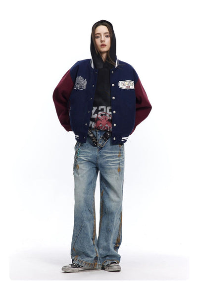 Contrast Color Embroidered Varsity Jacket Korean Street Fashion Jacket By Made Extreme Shop Online at OH Vault