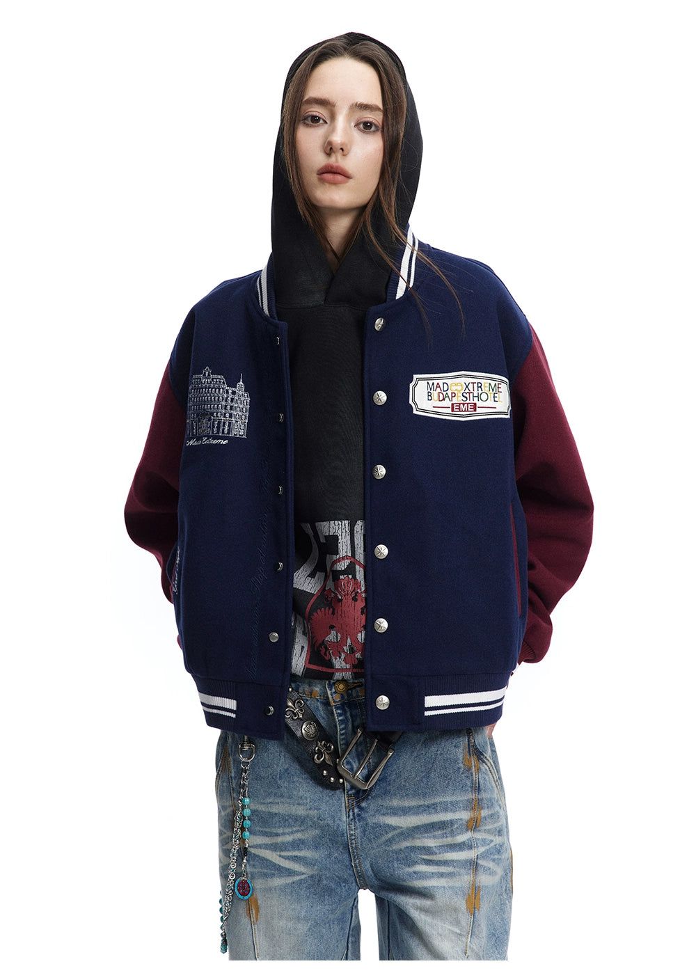 Contrast Color Embroidered Varsity Jacket Korean Street Fashion Jacket By Made Extreme Shop Online at OH Vault