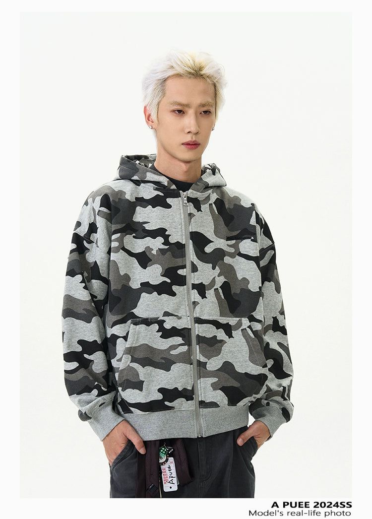 Cozy Camouflage Zip-Up Hoodie Korean Street Fashion Hoodie By A PUEE Shop Online at OH Vault