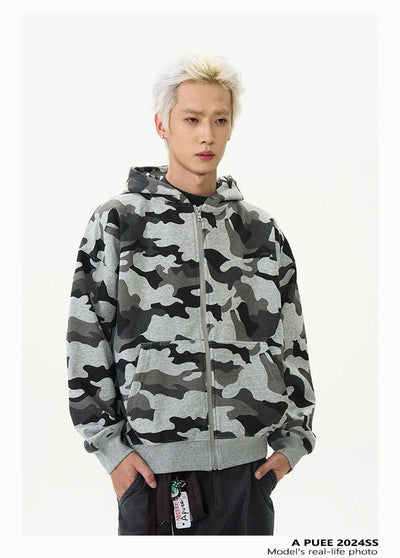 Cozy Camouflage Zip-Up Hoodie Korean Street Fashion Hoodie By A PUEE Shop Online at OH Vault