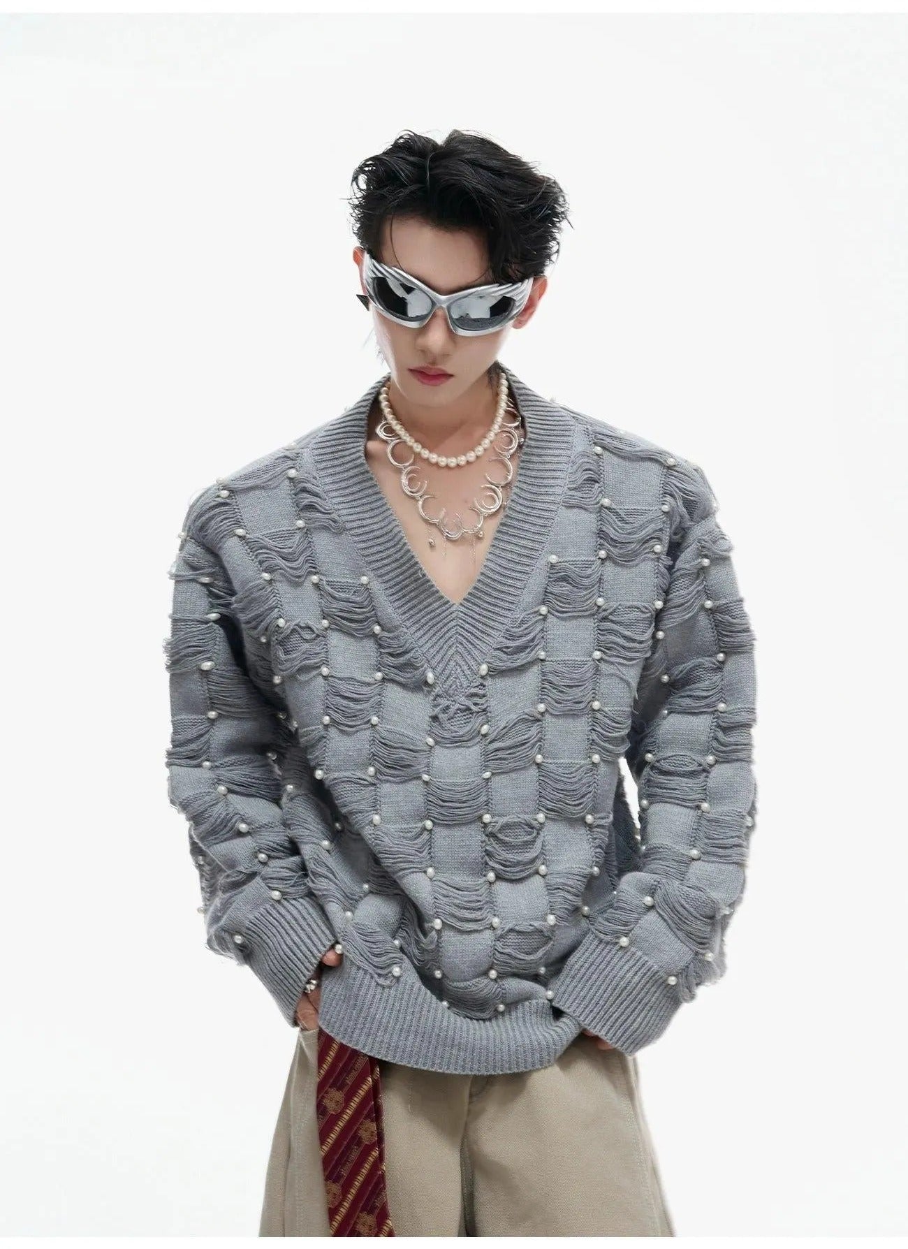 Distressed Threads Patterned Sweater Korean Street Fashion Sweater By Argue Culture Shop Online at OH Vault