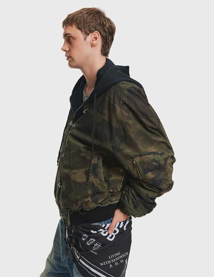 Distressed Fireman Clasp Camo Hooded Jacket Korean Street Fashion Jacket By Mad Witch Shop Online at OH Vault