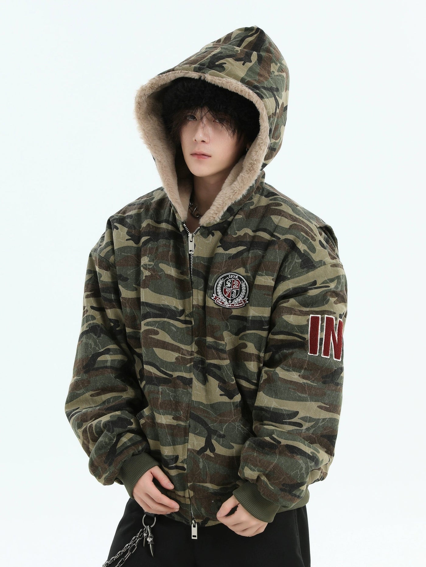 Distressed Camo Puffer Jacket Korean Street Fashion Jacket By INS Korea Shop Online at OH Vault