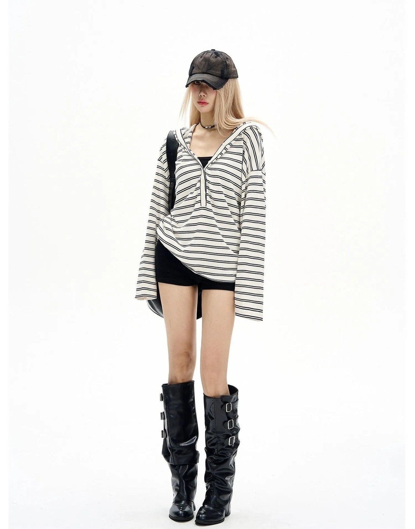 Half-Buttoned Striped Hooded T-Shirt Korean Street Fashion T-Shirt By MaxDstr Shop Online at OH Vault