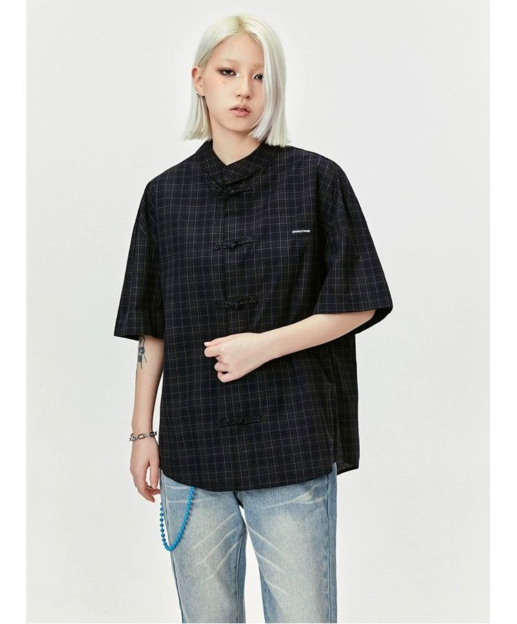 Chinese Style Plaid Logo Shirt Korean Street Fashion Shirt By Made Extreme Shop Online at OH Vault