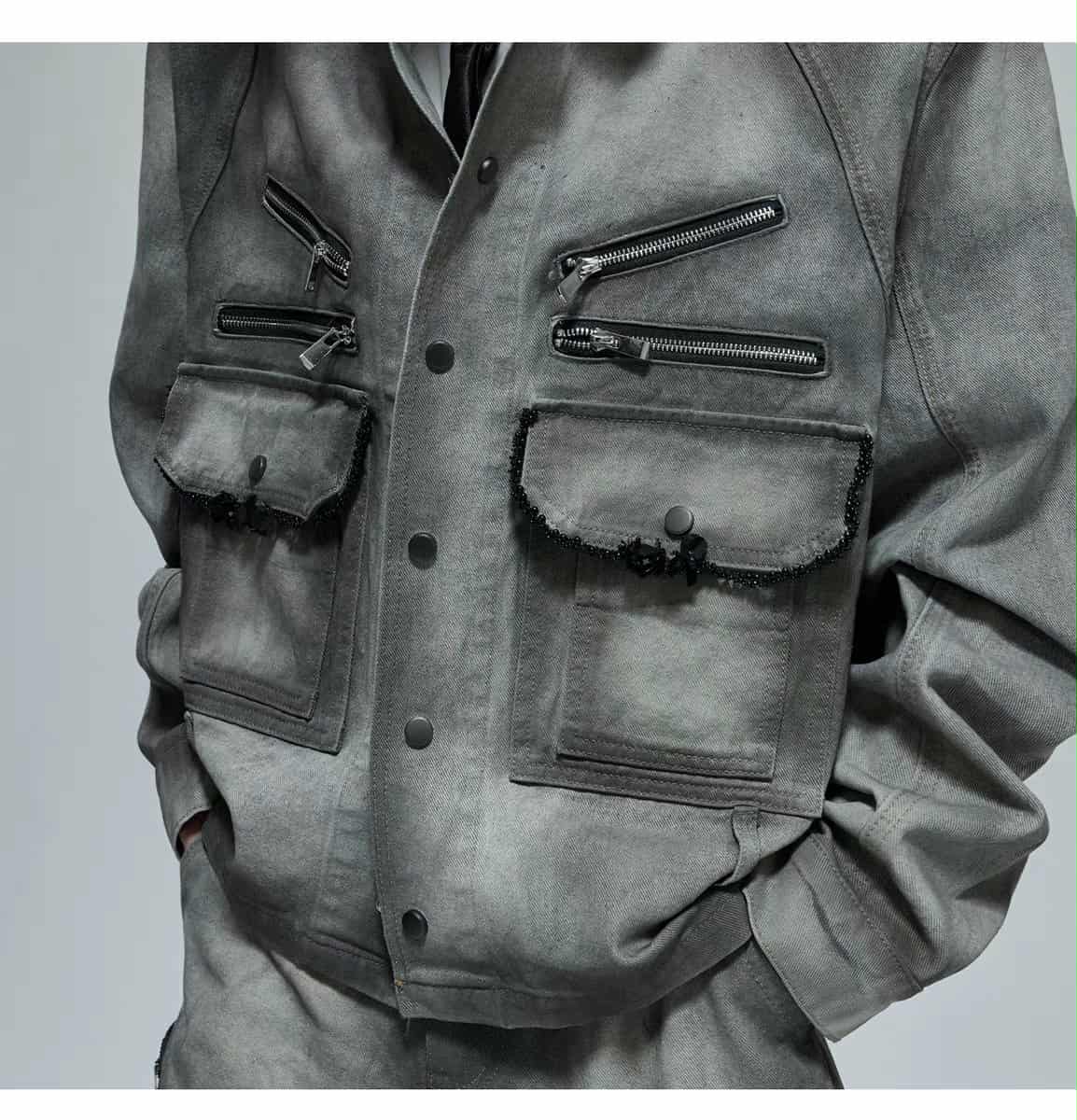 Multi-Zipped Contrast Faded Denim Jacket & Jeans Set Korean Street Fashion Clothing Set By Argue Culture Shop Online at OH Vault