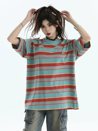 Color Stripes Basic T-Shirt Korean Street Fashion T-Shirt By INS Korea Shop Online at OH Vault