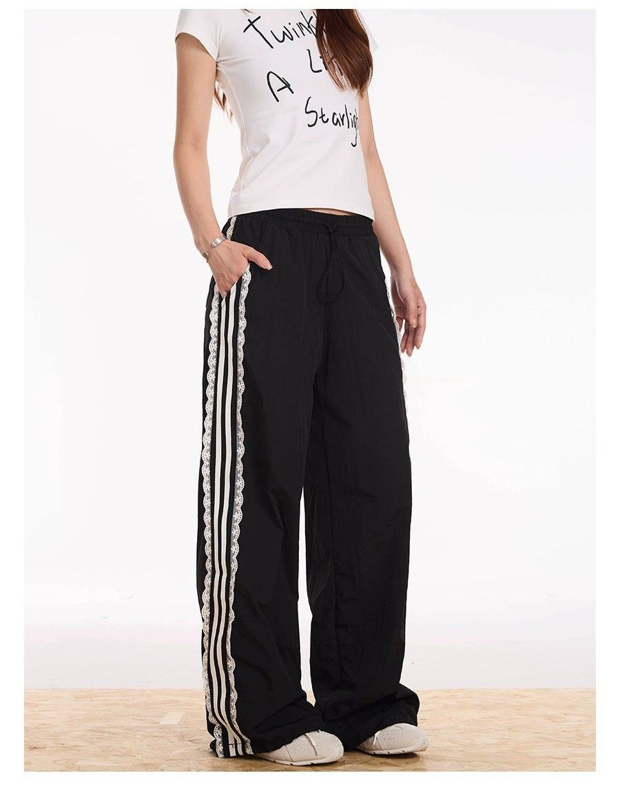 Lace Stripes Track Pants Korean Street Fashion Pants By Apocket Shop Online at OH Vault