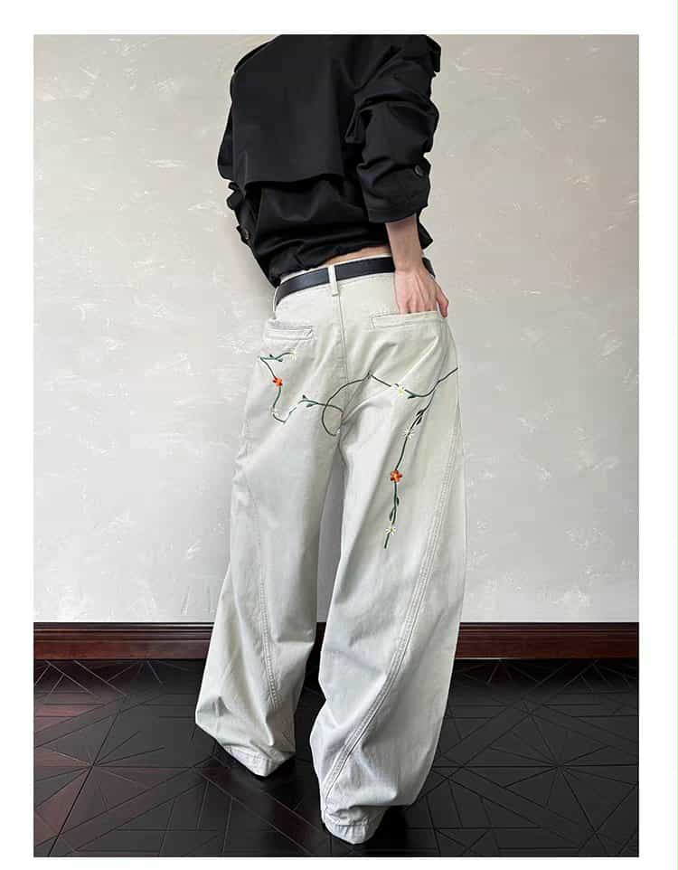 Structured Floral Embroidery Barrel Pants Korean Street Fashion Pants By A PUEE Shop Online at OH Vault