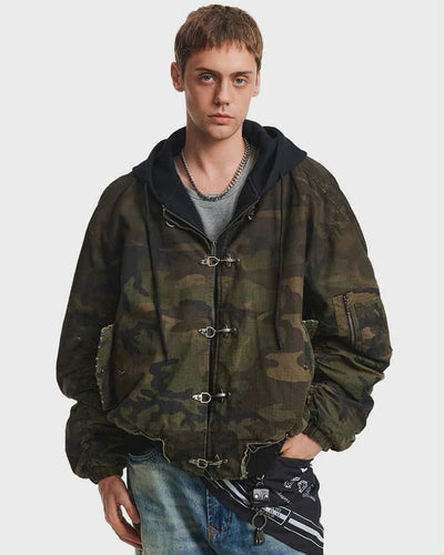 Distressed Fireman Clasp Camo Hooded Jacket Korean Street Fashion Jacket By Mad Witch Shop Online at OH Vault