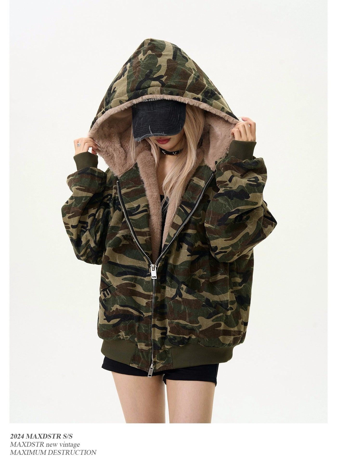 Distressed Camo Fur Zip-Up Hoodie Korean Street Fashion Hoodie By MaxDstr Shop Online at OH Vault