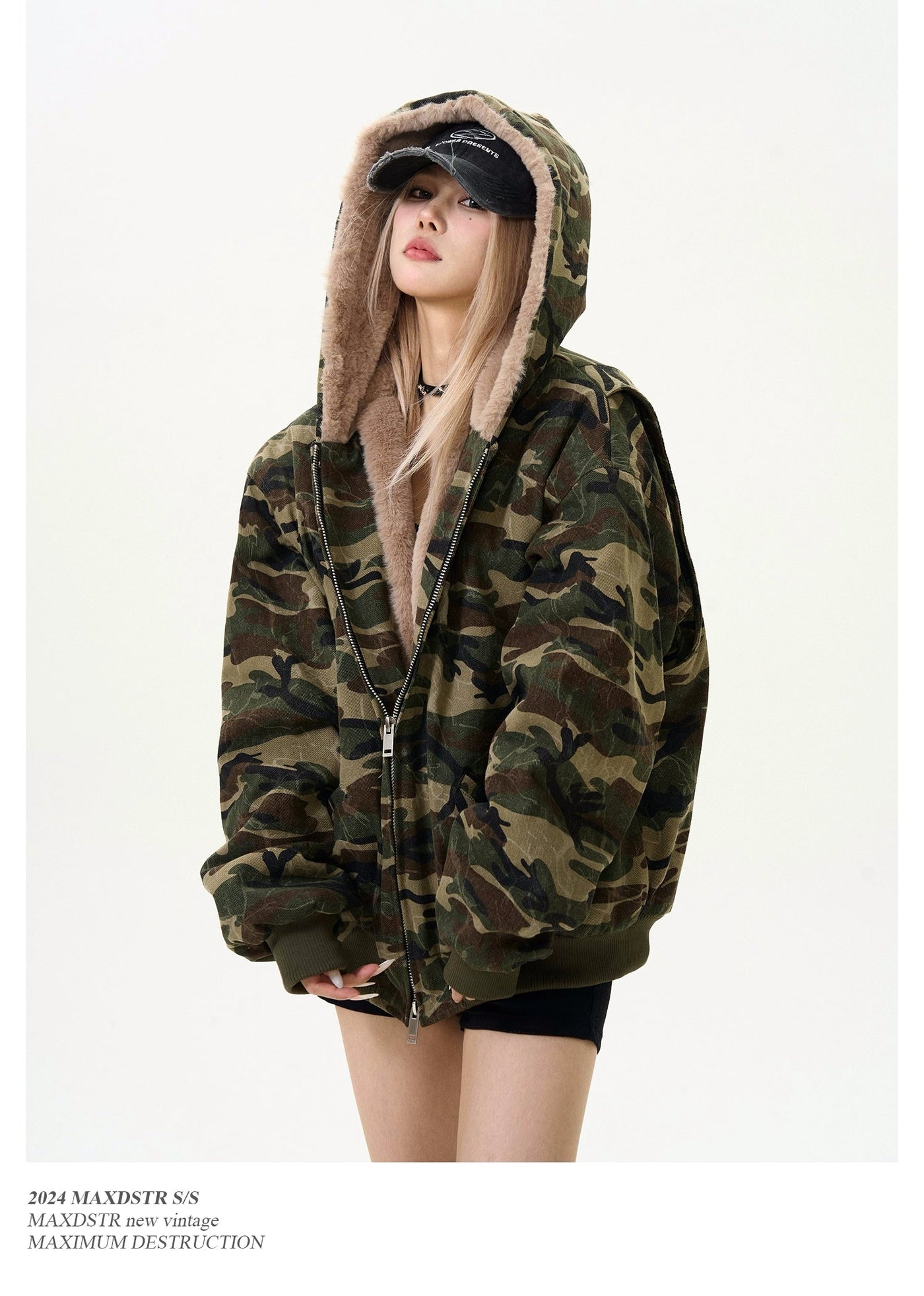 Distressed Camo Fur Zip-Up Hoodie Korean Street Fashion Hoodie By MaxDstr Shop Online at OH Vault