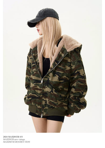 Distressed Camo Fur Zip-Up Hoodie Korean Street Fashion Hoodie By MaxDstr Shop Online at OH Vault