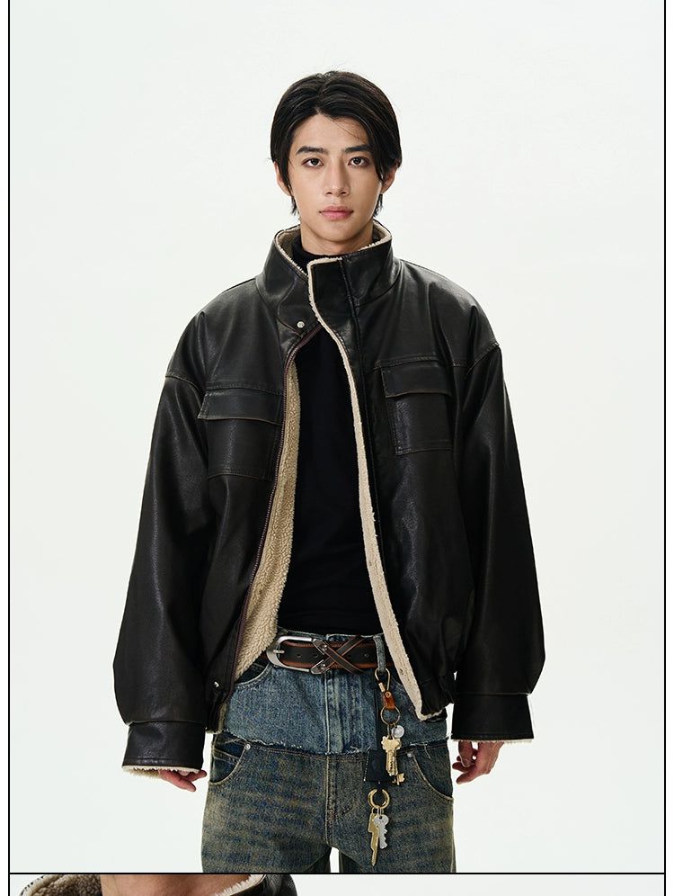 Distressed Fur Trim PU Leather Jacket Korean Street Fashion Jacket By 77Flight Shop Online at OH Vault