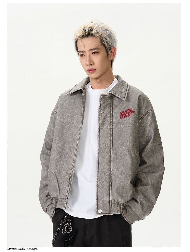 Distressed Logo Embroidery PU Leather Jacket Korean Street Fashion Jacket By A PUEE Shop Online at OH Vault