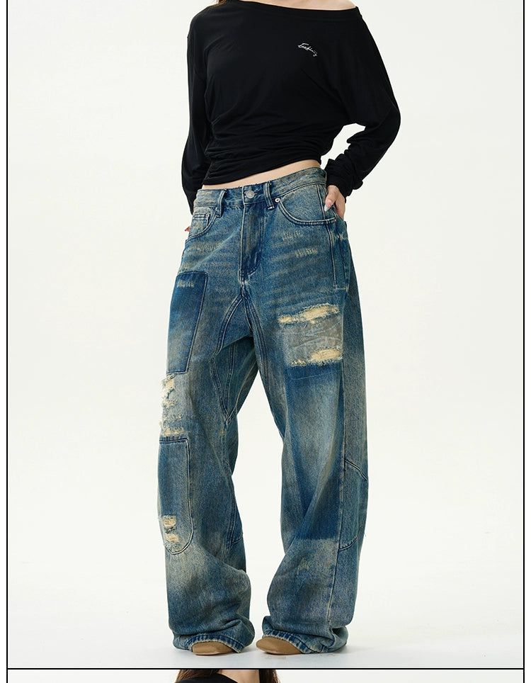 Distressed Patch Detail Jeans Korean Street Fashion Jeans By 77Flight Shop Online at OH Vault