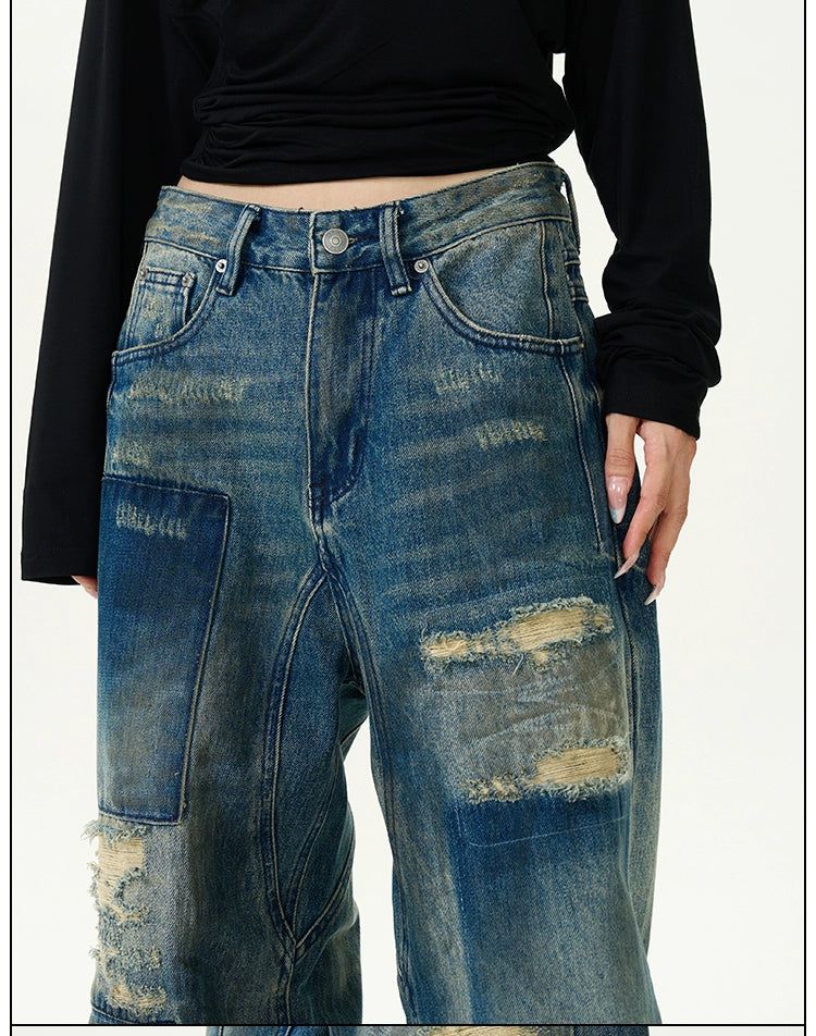 Distressed Patch Detail Jeans Korean Street Fashion Jeans By 77Flight Shop Online at OH Vault