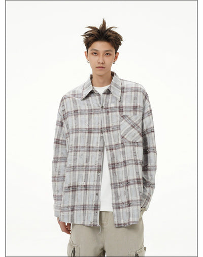 Distressed Plaid Shirt Korean Street Fashion Shirt By Mr Nearly Shop Online at OH Vault