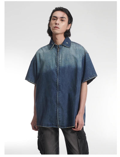 Gradient Washed Denim Short Sleeve Shirt Korean Street Fashion Shirt By A PUEE Shop Online at OH Vault
