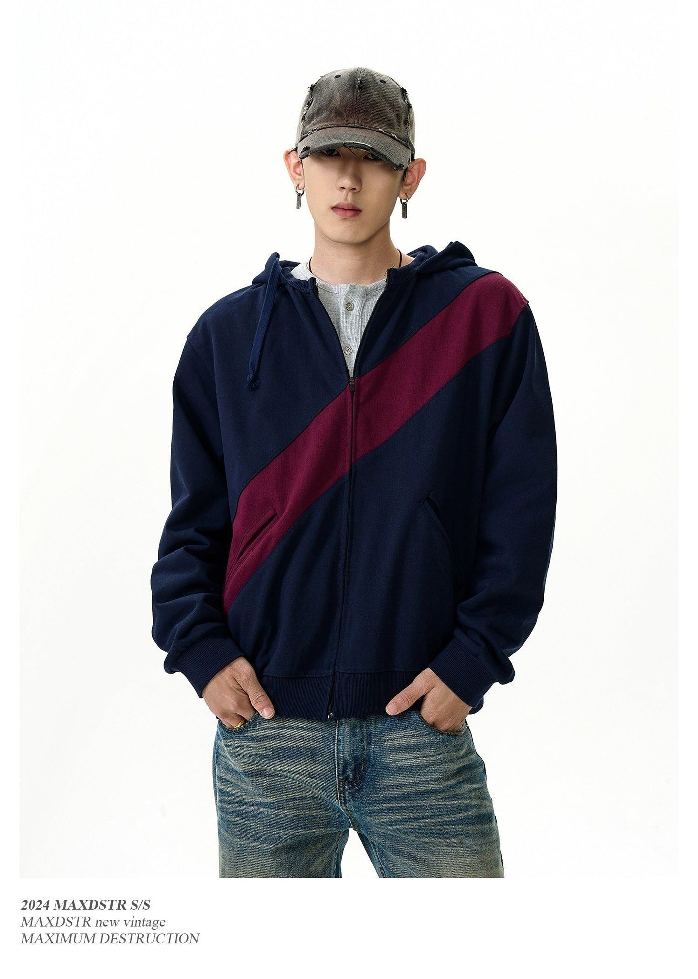 Drawcord Diagonal Contrast Zip-Up Hoodie Korean Street Fashion Hoodie By MaxDstr Shop Online at OH Vault