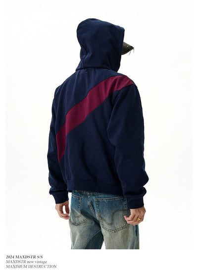 Drawcord Diagonal Contrast Zip-Up Hoodie Korean Street Fashion Hoodie By MaxDstr Shop Online at OH Vault