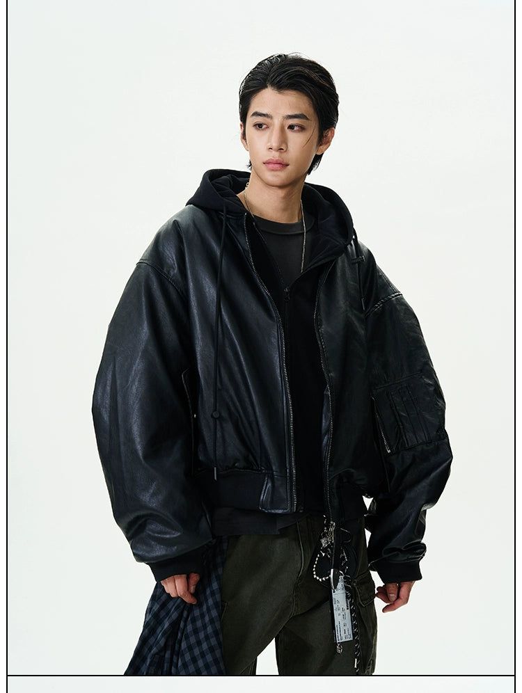 Basic Bomber PU Leather Jacket Korean Street Fashion Jacket By 77Flight Shop Online at OH Vault