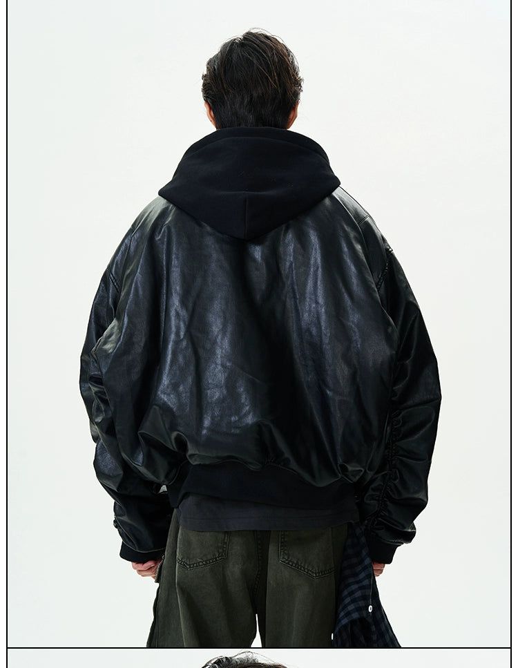 Basic Bomber PU Leather Jacket Korean Street Fashion Jacket By 77Flight Shop Online at OH Vault