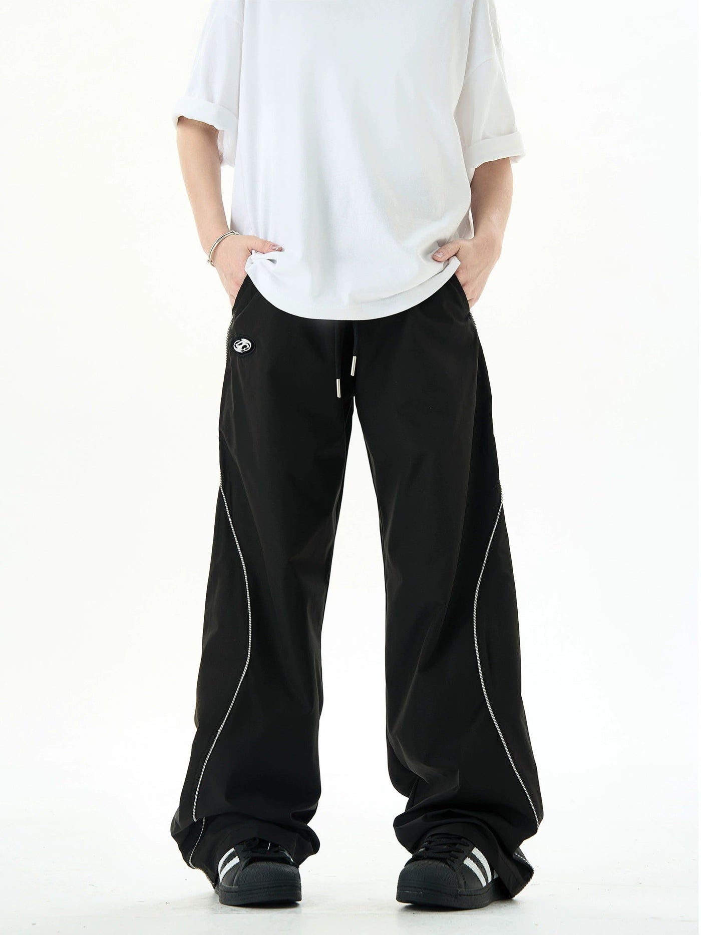 Drawcord Lined Contrast Track Pants Korean Street Fashion Pants By Ash Dark Shop Online at OH Vault