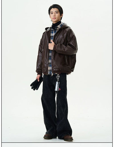 Drawcord Hooded PU Leather Jacket Korean Street Fashion Jacket By 77Flight Shop Online at OH Vault