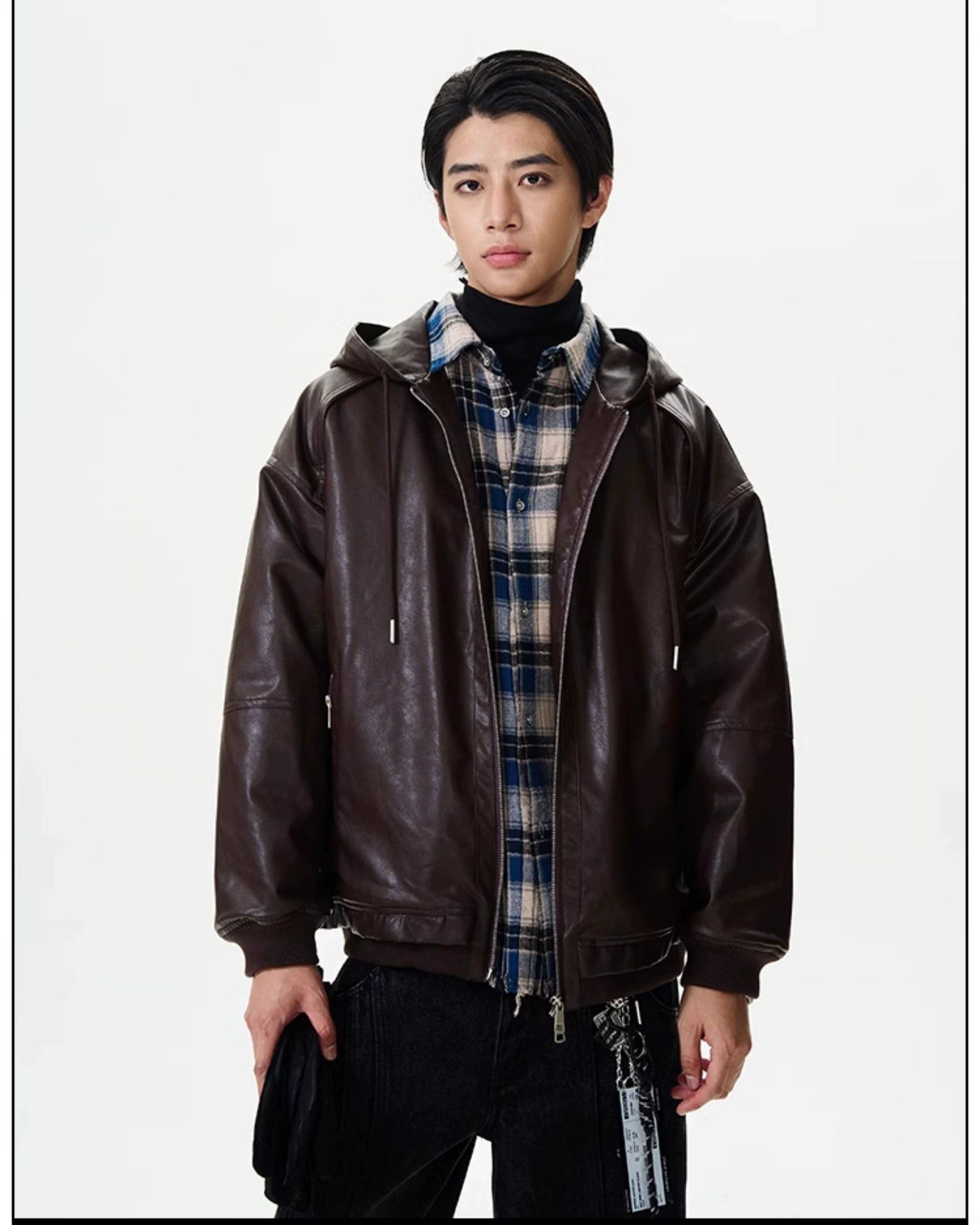 Drawcord Hooded PU Leather Jacket Korean Street Fashion Jacket By 77Flight Shop Online at OH Vault