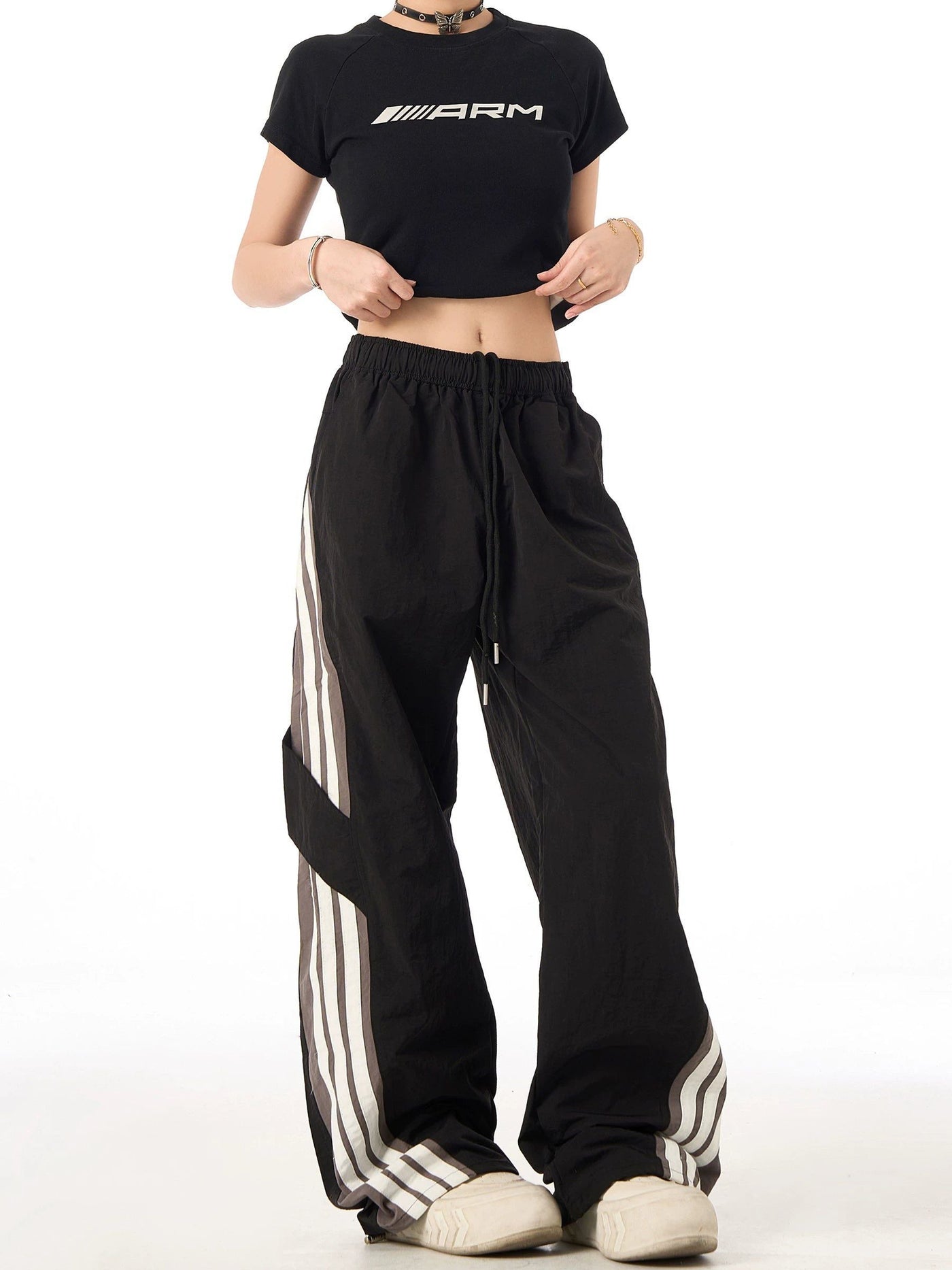 Drawcord Three-Bar Track Pants Korean Street Fashion Pants By Ash Dark Shop Online at OH Vault