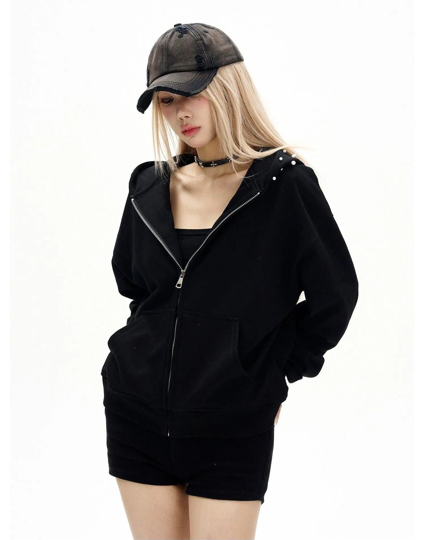 Kangaroo Pocket Pearl Detail Zip-Up Hoodie Korean Street Fashion Hoodie By MaxDstr Shop Online at OH Vault
