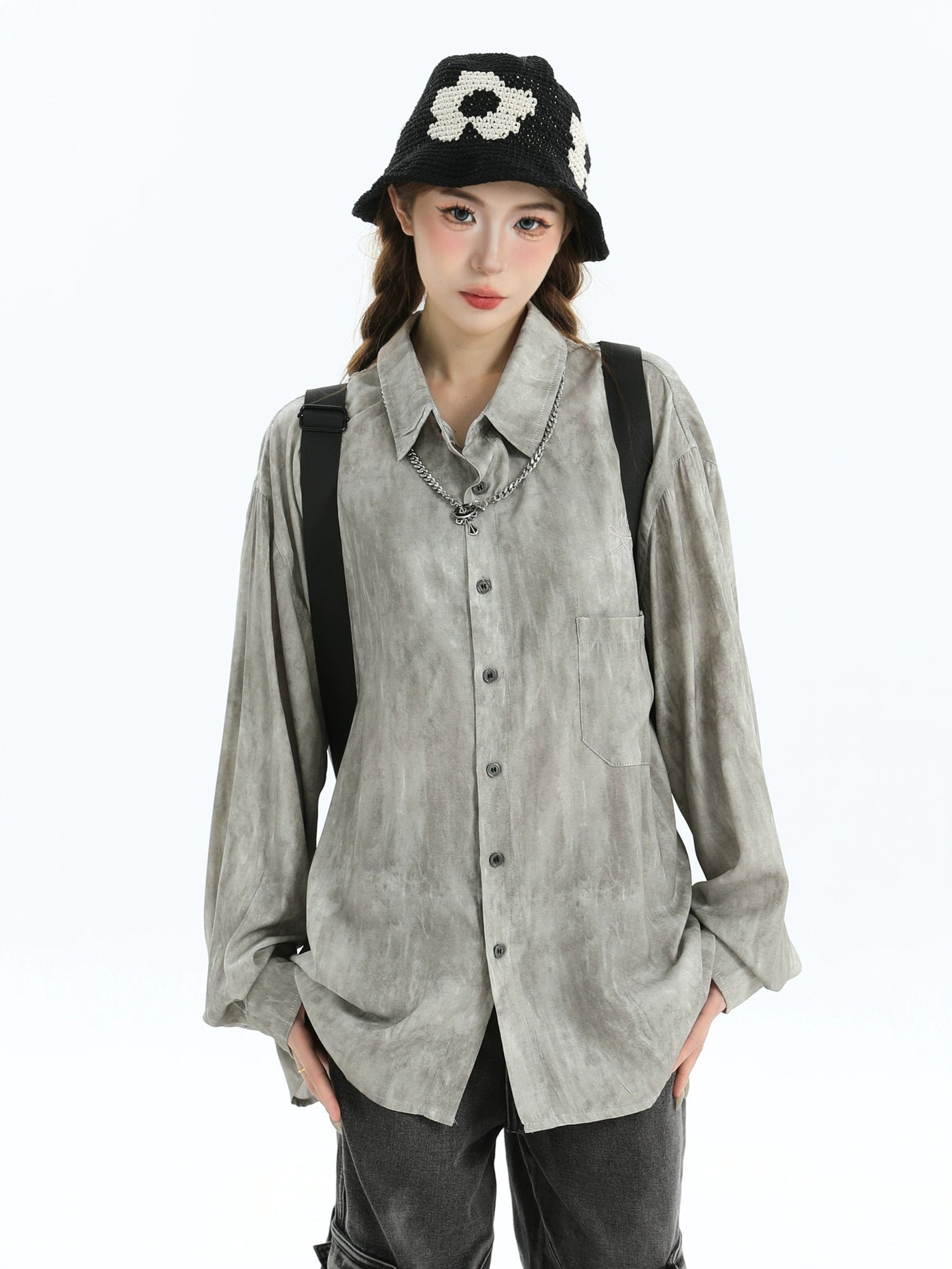 Smudged Front Pocket Relaxed Fit Shirt Korean Street Fashion Shirt By INS Korea Shop Online at OH Vault