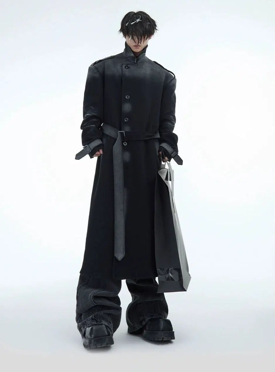 Paint Sprayed Belted Long Coat Korean Street Fashion Long Coat By Argue Culture Shop Online at OH Vault