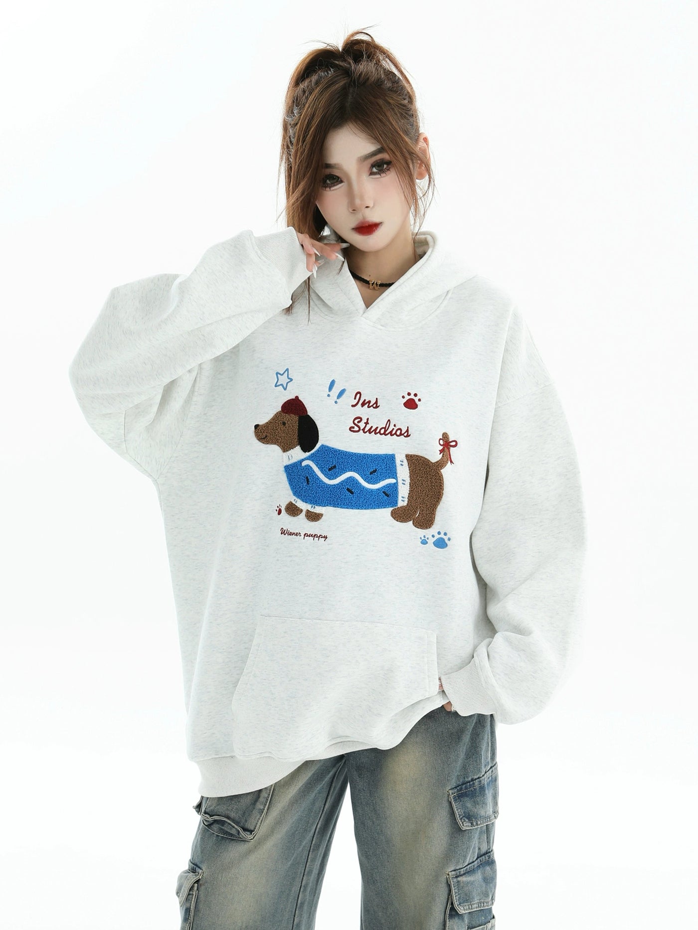 Stitched Dog Graphic Oversized Hoodie Korean Street Fashion Hoodie By INS Korea Shop Online at OH Vault