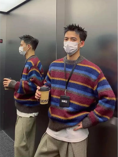 Vintage Striped Round Neck Sweater Korean Street Fashion Sweater By Poikilotherm Shop Online at OH Vault