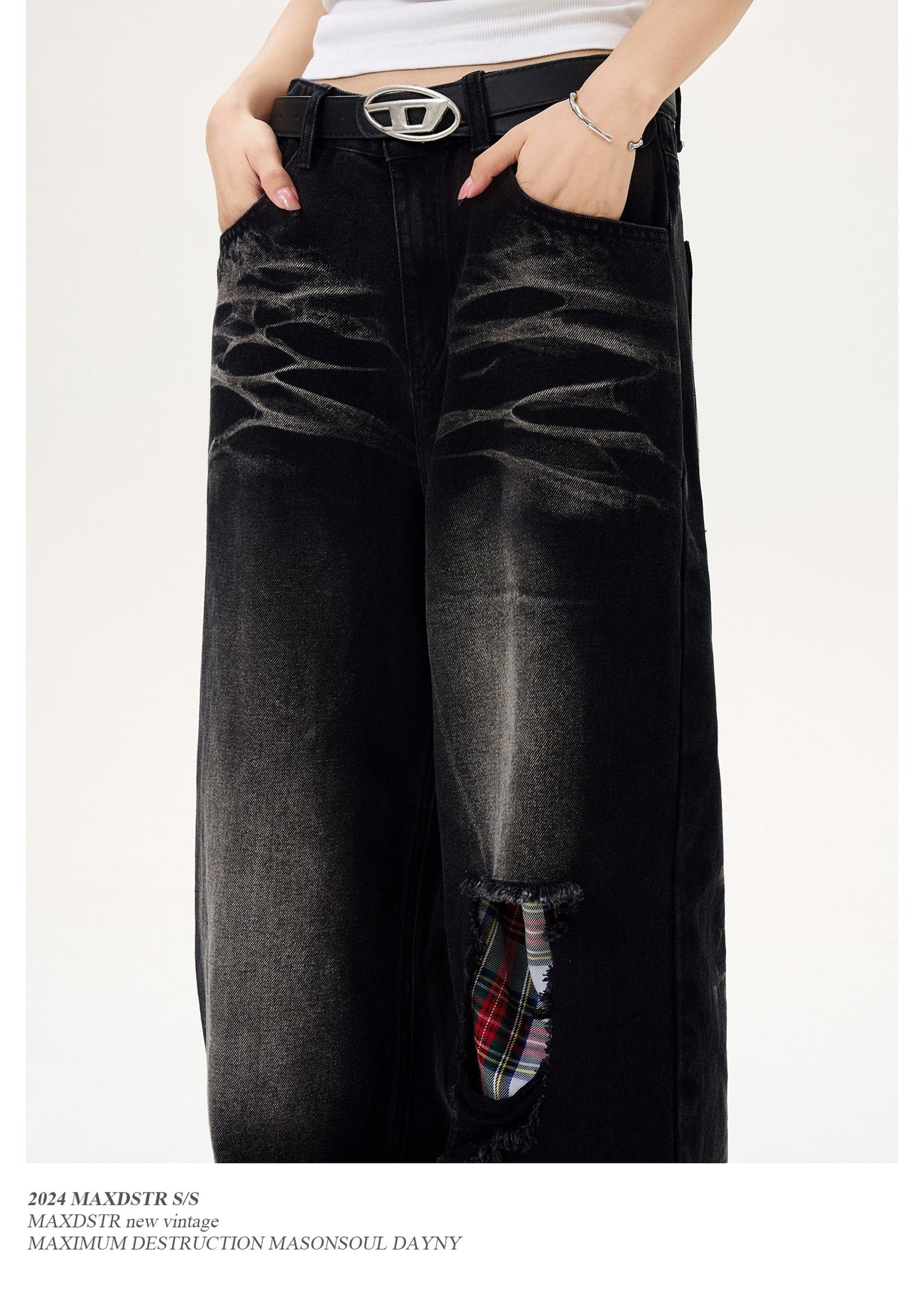 Patched Plaid Ripped Jeans Korean Street Fashion Jeans By MaxDstr Shop Online at OH Vault