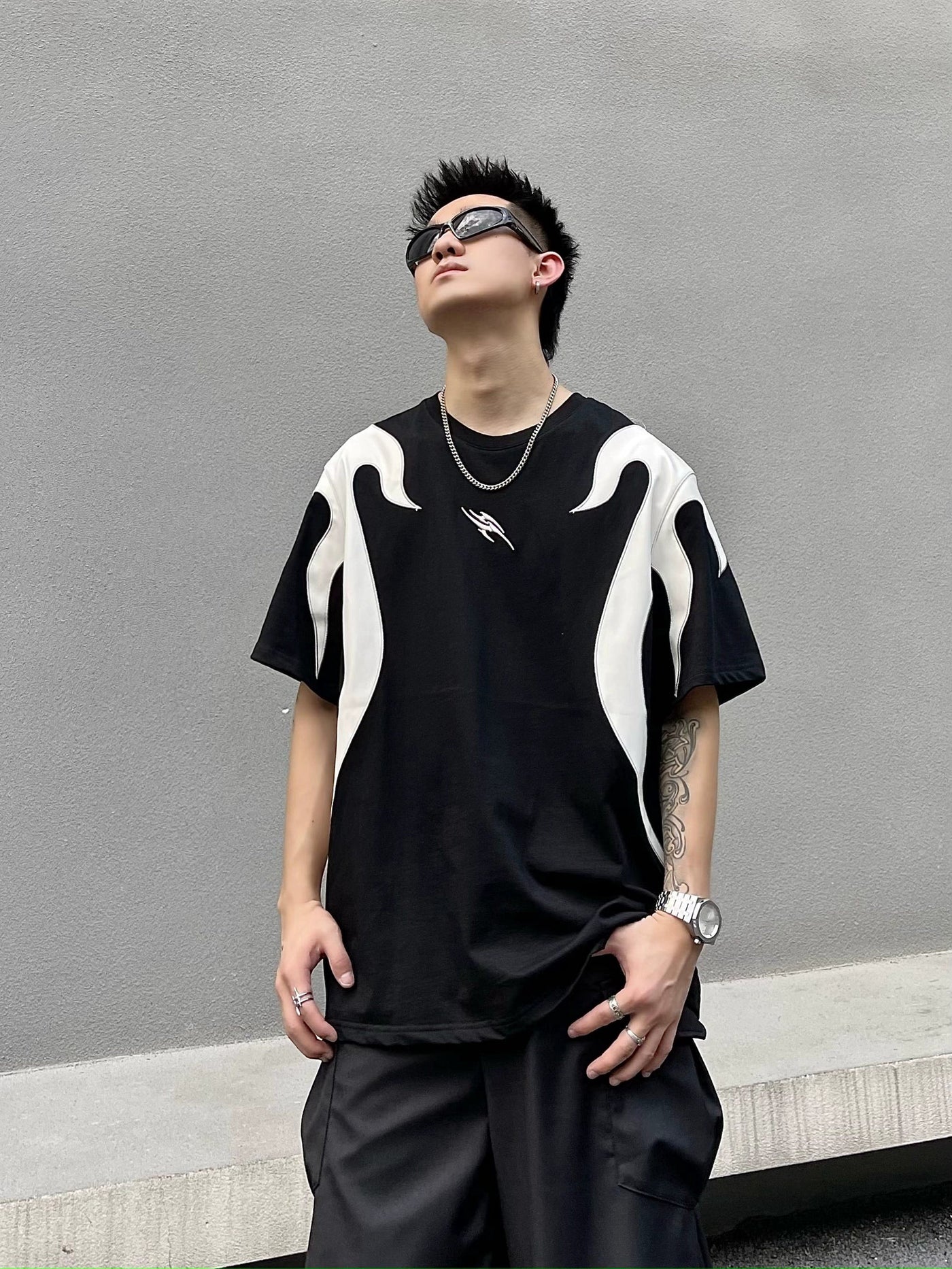 Flame Spliced Contrast T-Shirt Korean Street Fashion T-Shirt By Blacklists Shop Online at OH Vault