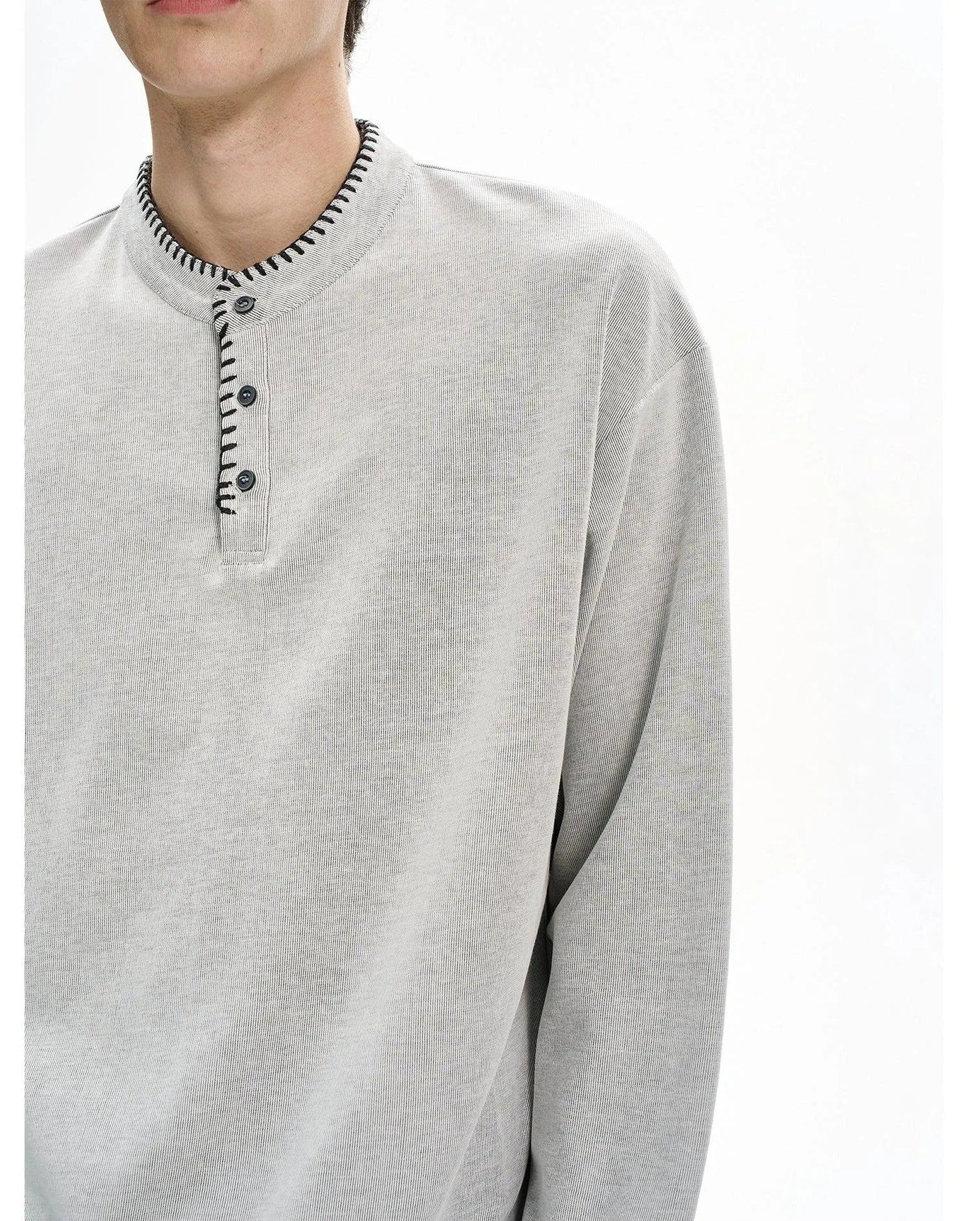 Stitched Henley Collar Crewneck Korean Street Fashion Crewneck By MaxDstr Shop Online at OH Vault