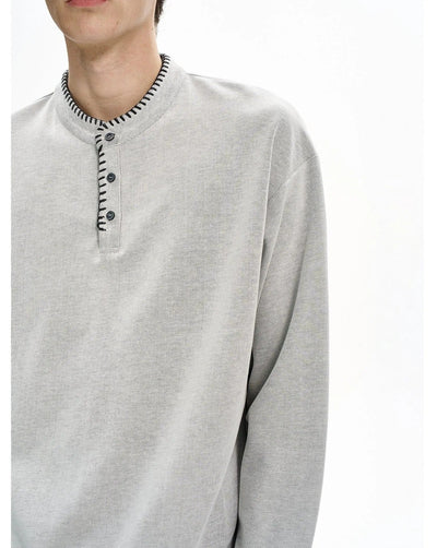 Stitched Henley Collar Crewneck Korean Street Fashion Crewneck By MaxDstr Shop Online at OH Vault