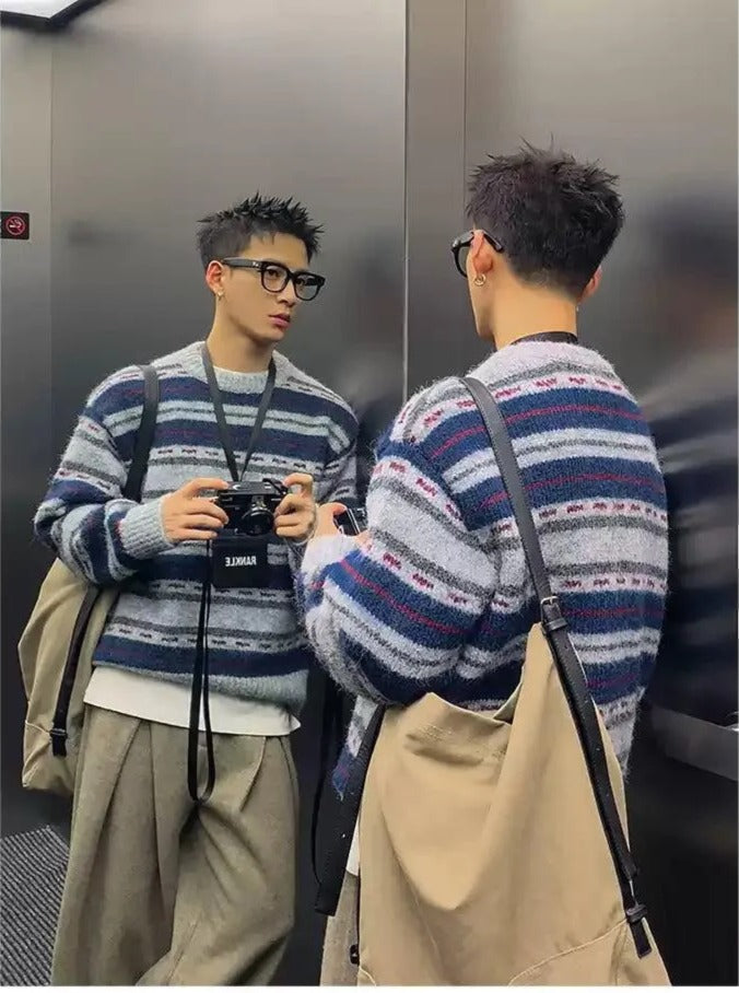 Fuzzy Striped Contrast Sweater Korean Street Fashion Sweater By Poikilotherm Shop Online at OH Vault