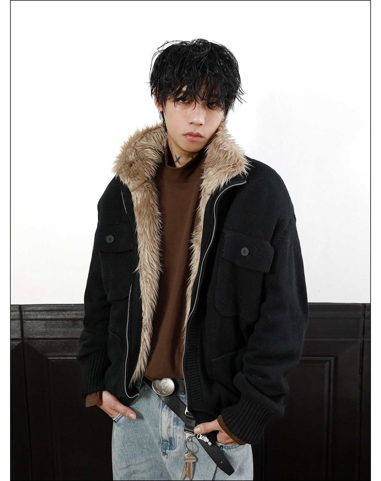 Reversible Fur Lined Knit Jacket Korean Street Fashion Jacket By Mr Nearly Shop Online at OH Vault