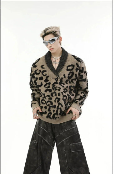 Leopard Print V-Neck Sweater Korean Street Fashion Sweater By Turn Tide Shop Online at OH Vault