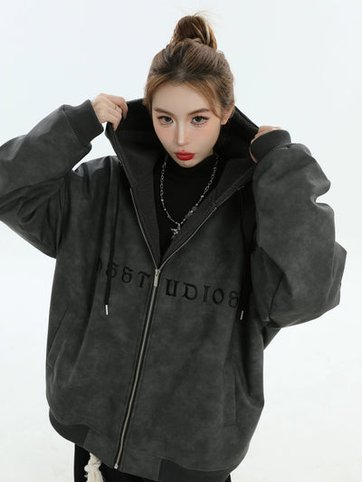 Distressed Hooded PU Leather Jacket Korean Street Fashion Jacket By INS Korea Shop Online at OH Vault